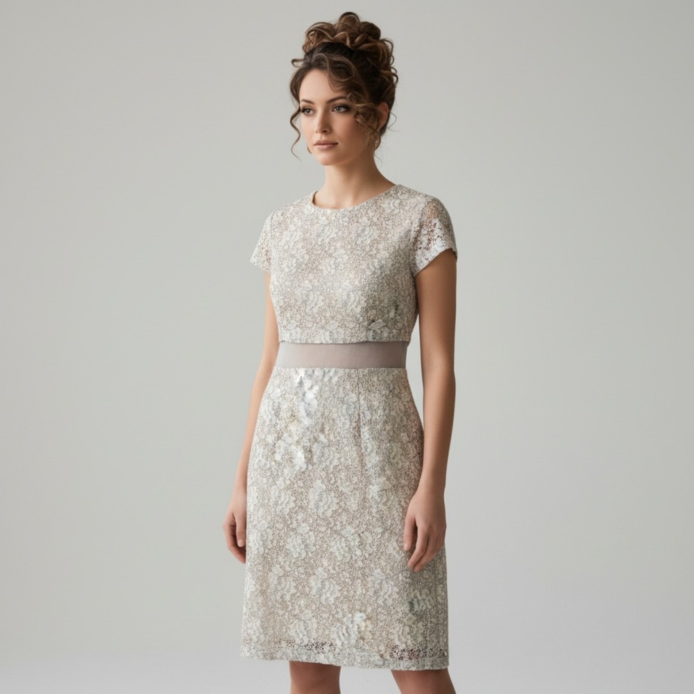 ABS Allen Schwartz Lace Overlay Dress Size 2 Ivory Sheer Mesh Midriff